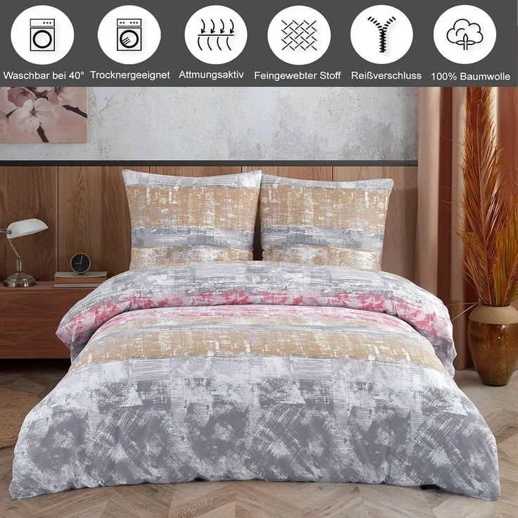 Buymax Bettwäsche Retro, Renforcé, 3 teilig, Bettbezug-Set 200x220 cm 100% Baumwolle mit Reißverschluss gestreift – Bild 2
