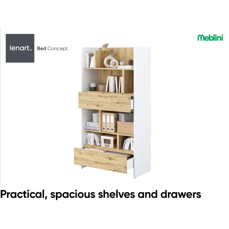 MEBLINI Wohnzimmerschrank für Schrankbett Bed Concept - Hochschrank mit Regalen, Fächern und Schubladen - BC-28 - Weiß/Artisan Eiche – Bild 3