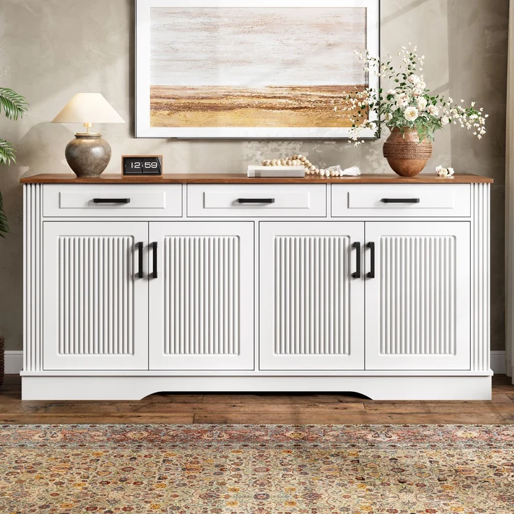 Merax Wohnzimmerschrank, Sideboard, 3D-vertikale Streifen, 3 Schubladen, 4Türen, Korpus aus MDF, Weiß – Bild 5