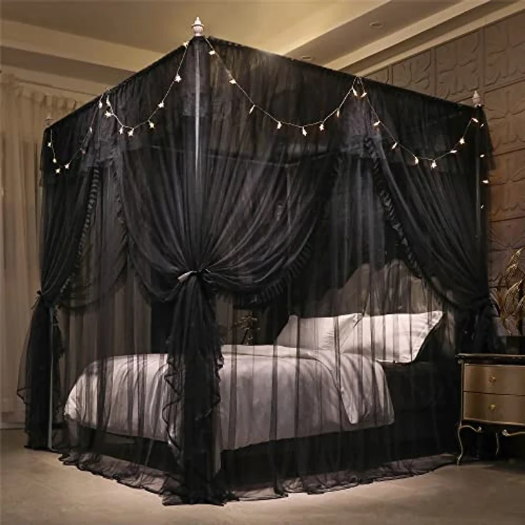 VETHIN 4 Ecken Pfosten Rüschen Prinzessin Bett Baldachin Vorhang, doppellagig, gemütlich, schwarz, 162.6 cm Bx208.3 cm Lx208.3 cm H/Q ueen – Bild 4