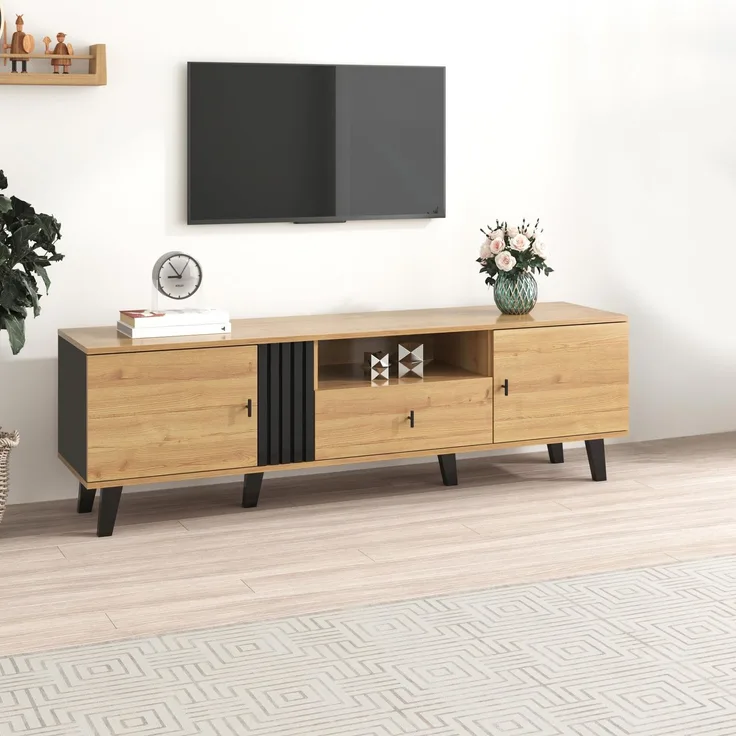 Ball & Cast TV Schrank (170×40×51cm) mit Schubladen, Stilvolle Eleganz Fernseher Tisch, Bequeme Montage, Natur