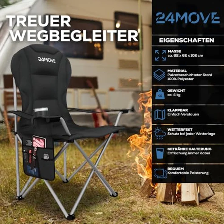 24Move Campingstuhl Campingstuhl faltbar inkl. Tragetasche, bis 150kg belastbar, schwarz (bequeme Arm- und Rückenlehne), Gartenstuhl, Klappstuhl gepolstert – Bild 5