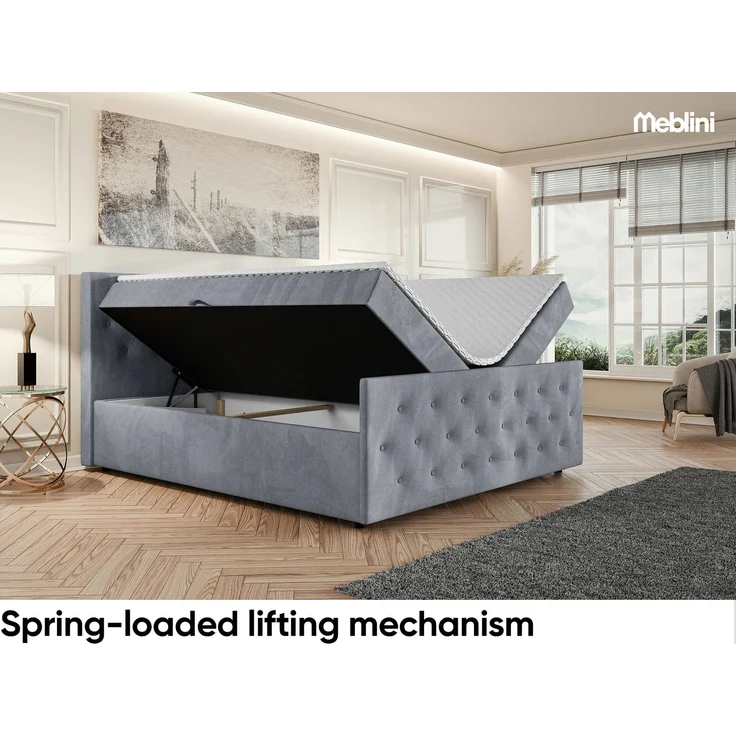 MEBLINI Boxspringbett PEDRO 180x200cm - H3B/Grau Samt - mit Bettkasten - Polsterbett - Doppelbett mit Topper & Bonellfederkern-Matratze – Bild 3