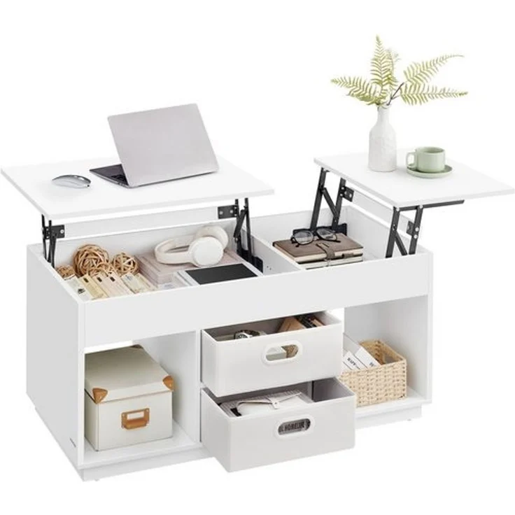 Vasagle Couchtisch, höhenverstellbarer Wohnzimmertisch, 2 Schubladen und versteckte Fächer, Kaffeetisch, offene Fächer, für Wohnzimmer, Homeoffice, schneeweiß – Bild 1