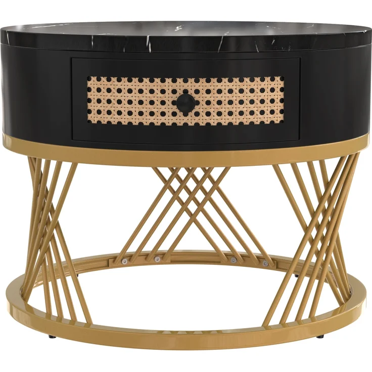 2-in-1 Couchtisch-Set rund mit Marmorplatte & Rattan-Schublade in Schwarz/Gold - 70x70x45,5 + 50x50x38,5 cm – Bild 8