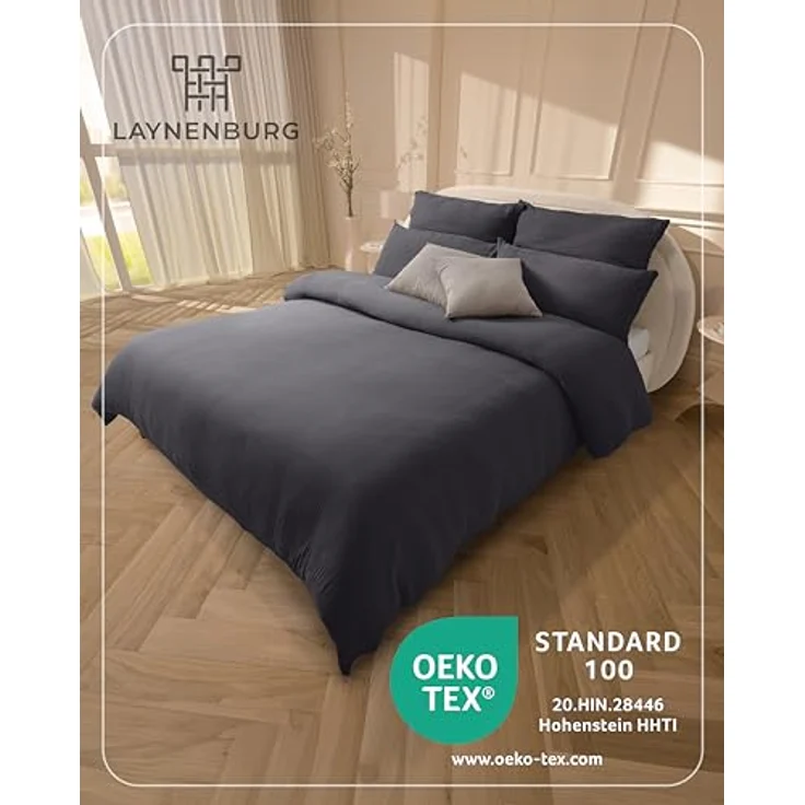 Laynenburg Bettwäsche Musselin aus 100% Baumwolle in 135x200 oder 155x220 cm, atmungsaktiv & bügelfrei – 3 lagig mit Reißverschluss & Haltebändern – Bild 3