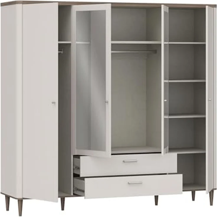 Forte LACETTI Kleiderschrank 200 210, eleganter Schrank mit Spiegel, 4-türig, 2 Schubladen, hohe Beine, Kaschmir-Beige-Valencia Eiche Holzdekor, 209,5 cm breit x 200,5 cm hoch x 52,7 cm tief – Bild 4