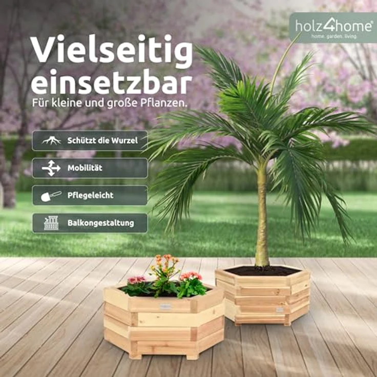 holz4home® Pflanzkübel 6-eckig aus Tannenholz I Outdoor Blumenkübel für Garten Balkon, inkl. Gartenhandschuhe & Vlies – Bild 5