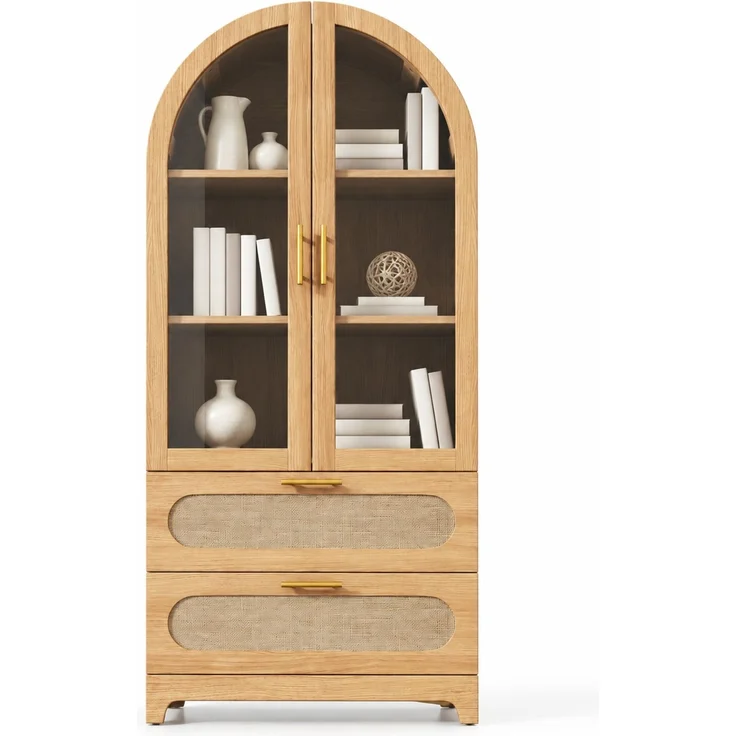 Vitrine 80 x 40 x 175 cm in Holzoptik mit Glastüren, Rattanfronten und 2 Schubladen – Bild 6