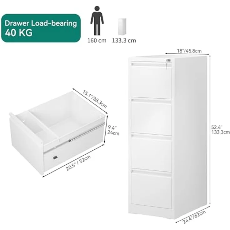 YITAHOME Aktenschrank mit 4 Abschließbaren Schubladen, Kippsicherer Rollender Aktenschrank mit Rädern für das Büro zu Hause, Unter-Pult-Aktenschränke, weiß, 62 x 45.8 x 133 cm – Bild 3