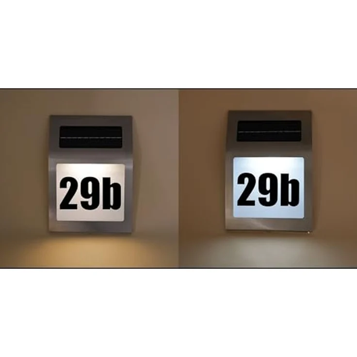 esotec LED Außen-Wandleuchte Hausnummer beleuchtet solar STYLE 24x34cm DUO COLOR 5500K 2800K 102031, LED fest integriert, 2800K warmweiß, 5500K kaltweiß, Solarbetrieb, Edelstahloptik – Bild 5