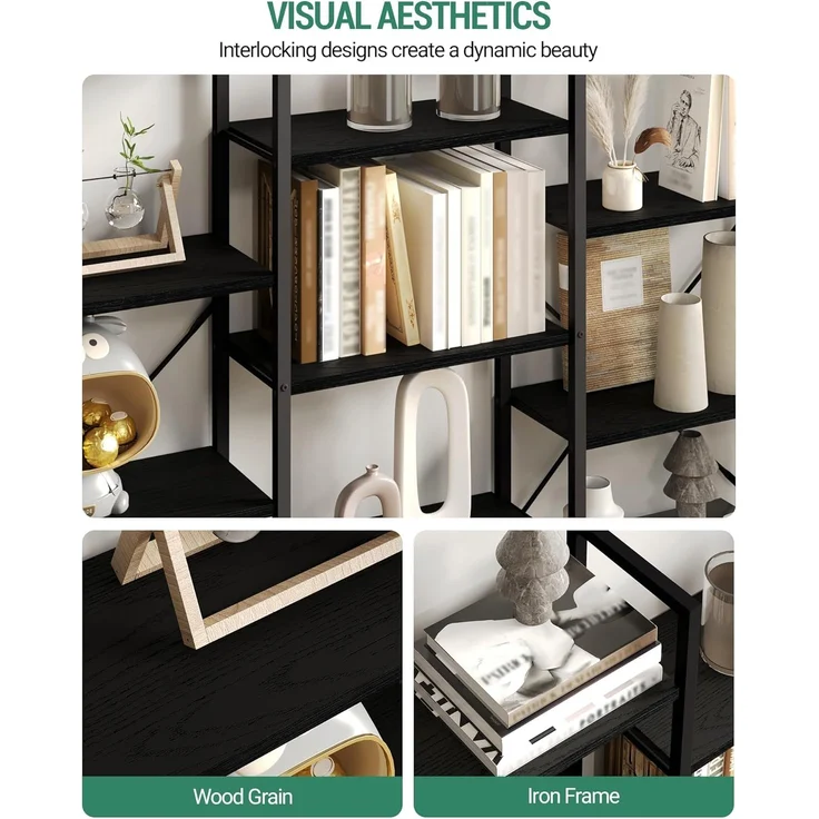 Bücherregale, Standregale, Regal mit 17 Fachböden, 6 Etagen, Verstellbarer Abstand, 24 x 152 x 186 cm, Tragfähigkeit 340 kg, Wohnzimmer, Büro, Schwarz mit Holzmaserung – Bild 5