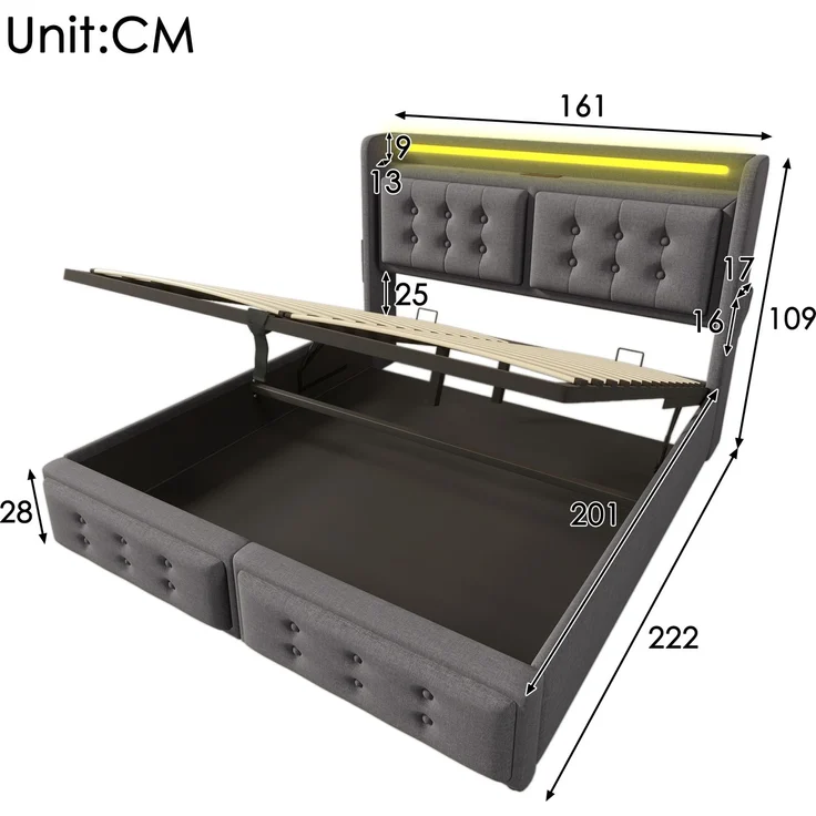 EINHOM Polsterbett 160x200 cm mit Hydraulisches, Doppelbett mit Led-Kopfteil, Baumwolle, Grau (Ohne Matratze) – Bild 2