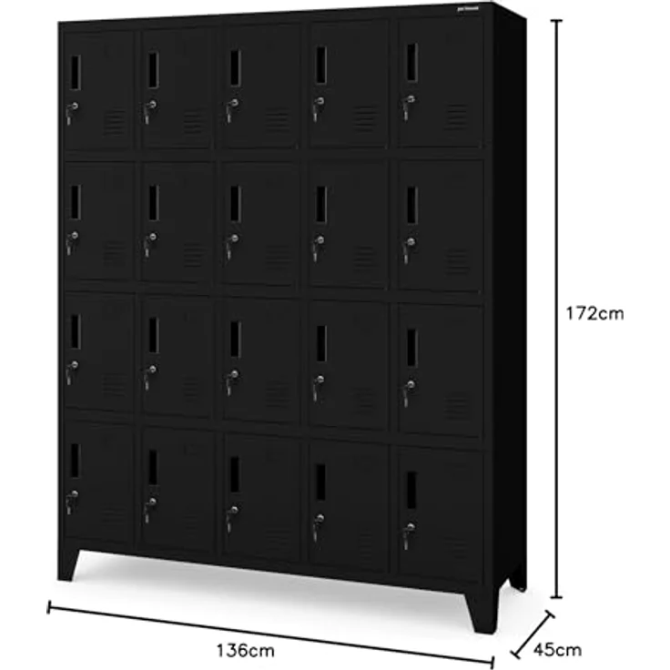 Jan Nowak Umkleideschrank 5B4A Fächerschrank Schließfachschrank mit 20 Fächern Wertfachschrank Metall Pulverbeschichtung 172 cm x 136 cm x 45 cm (H x B x T) (Schwarz) – Bild 2