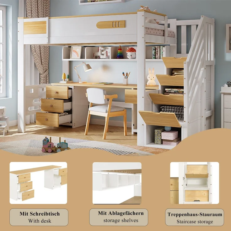 Hochbett mit Schreibtisch, Rausfallschutz, Lattenrost und Stauraum, 90x200 cm, Kinderbett, Kiefer – Bild 2