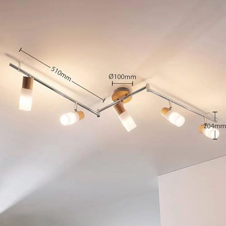 Lindby Deckenlampe, Deckenstrahler aus Glas und Holz, schwenkbar und drehbar, 5x E14 max. 5W, skandinavisches Design, weiß, für große Räume – Bild 5