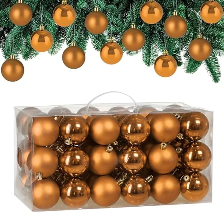 Deuba® Weihnachtskugeln 54tlg, Ø 6cm, bruchsicherer Kunststoff, matt und glänzend, Christbaumschmuck in braun, inkl. Aufhänger