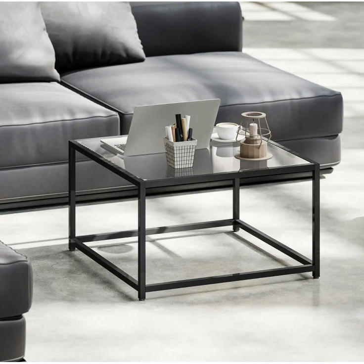 DESVIAE Couchtisch mit gehärteter Glasplatte 68x39x68 cm Stahl Schwarz – Bild 5