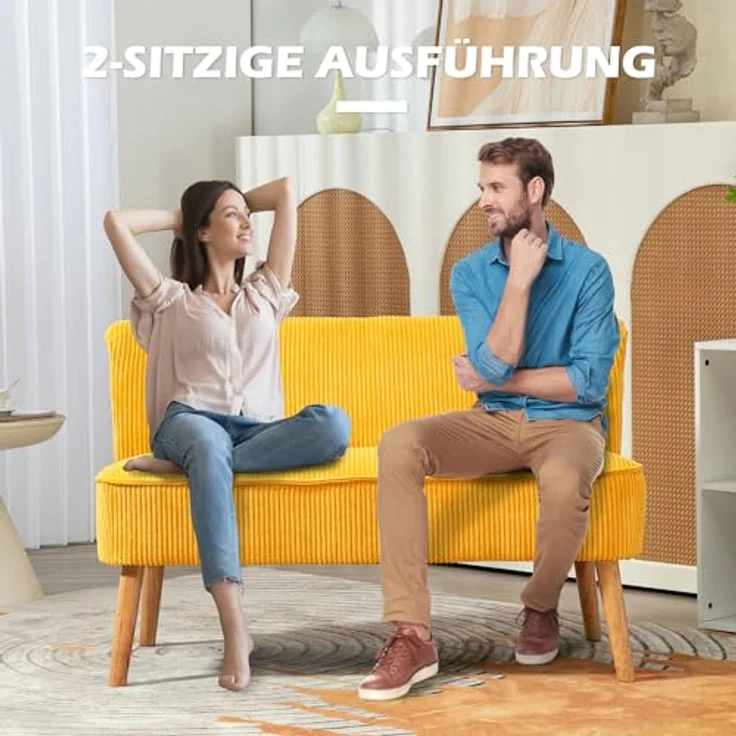 HOMCOM Zweisitzer Sofa, Gelb, elegantes Skandi Design, Kunststoffbezug, 56.5x77x117 cm – Bild 6
