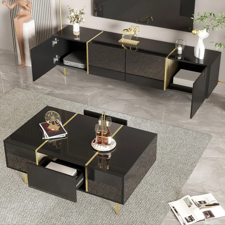JARDJ Moderner Hochglanz-Schwarz TV-Schrank und Couchtisch Set – Bild 5