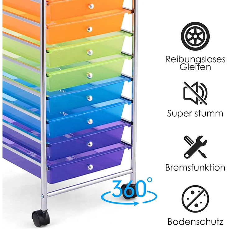 COSTWAY Rollwagen mit Schubladen Rollcontainer Badrollwagen Badtrolley Badregal Beistellwagen mit 10 stapelbaren Schubladen Metallgestell Bunt – Bild 7