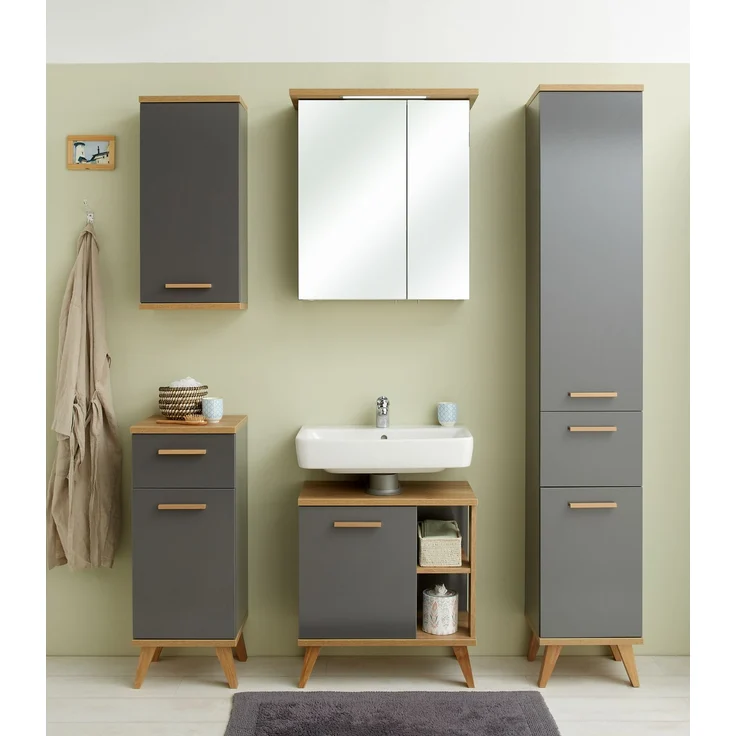 Pelipal Badmöbel-Set, Quickset 924, Quarzgrau Glanz/Riviera Eiche - Waschbeckenunterschrank, Spiegelschrank, Hochschrank, Unterschrank, Hängeschrank – Bild 3