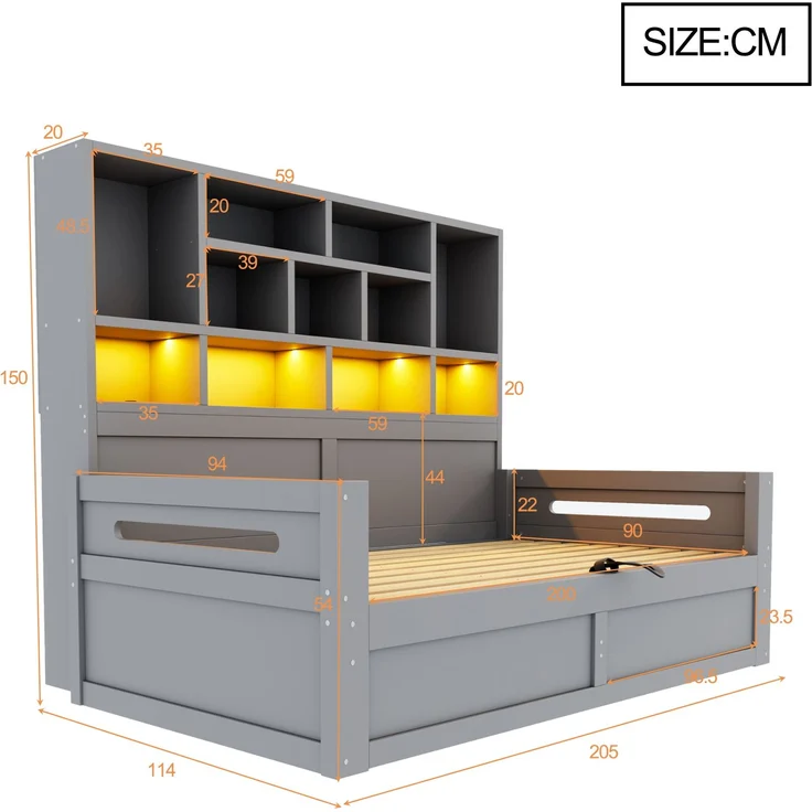 Schlafsofa aus Holz, 90 x 200 cm, Multifunktionaler Stauraum mit LED-Beleuchtung, Hydraulisches Staufach, Einzelbett, Jugendbettgestell mit Steckdosen, Grau – Bild 8