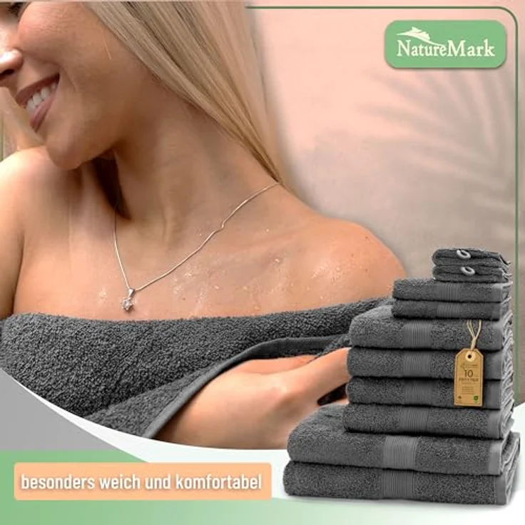 Green Mark Handtuch-Set mit 10 Teilen – 100% Baumwolle – 4 Handtücher 50 × 100 cm, 2 große Duschtücher 70 × 140 cm, 2 Gästetücher 30 × 50 cm und 2 Waschhandschuhe – Anthrazitgrau – Bild 8