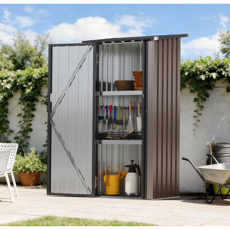 Aoxun Metall-Gerätehaus 88x61x164cm mit 2 verstellbaren Regalböden, Kleiner abschließbarer Werkzeugschrank für Garten, Terrasse & Hof, Braun – Bild 7