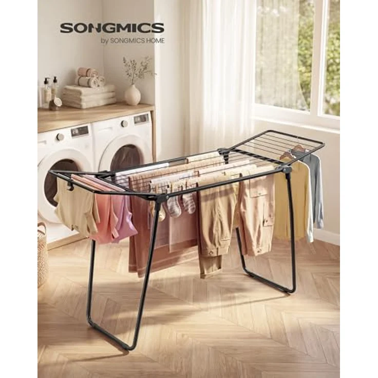 SONGMICS Wäscheständer, Standtrockner 47 x 150 x 91 cm, Flügelwäscheständer, Flügelwäschetrockner platzsparend, Metall, für Kleidung, Handtücher, tintenschwarz LLR520BH01 – Bild 2