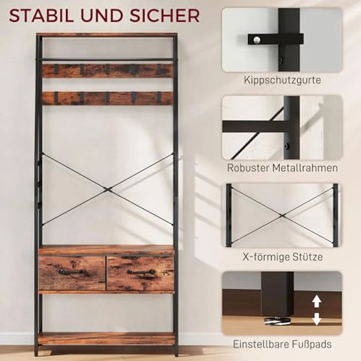 HOMCOM Garderobenständer mit 10 Haken, (Jackenständer, 1 St, Kleiderständer), für Eingangsbereich, Flur, Rustikal-Braun – Bild 7