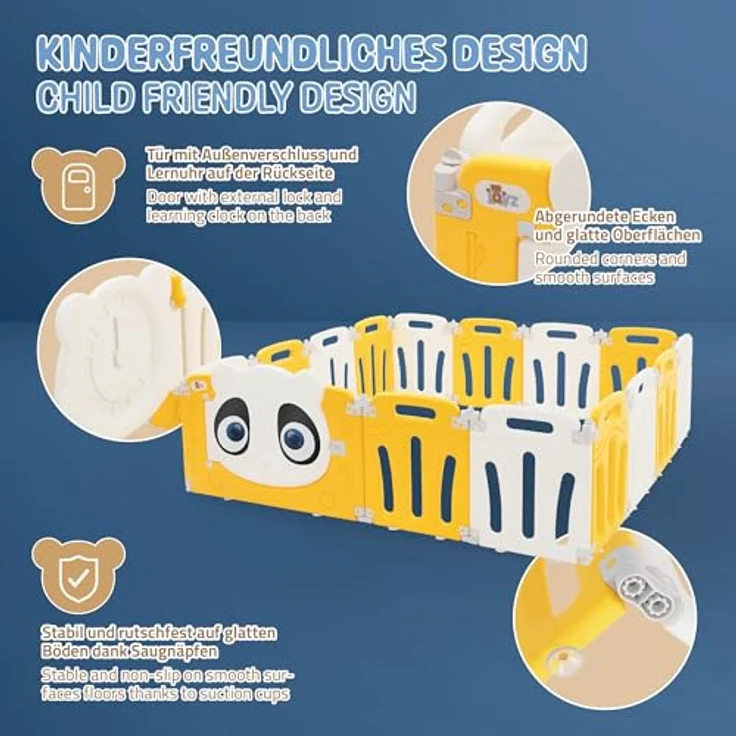 Joyz Laufstall Baby 160×160 cm, Laufgitter faltbar, Panda-Design, Weiß-Gelb, Absperrgitter mit Tür und Lernuhr, Playpen aus Kunststoff, Babyzaun, Kinderlaufstall Innen/Außen, Krabbelgitter für Kinder – Bild 4