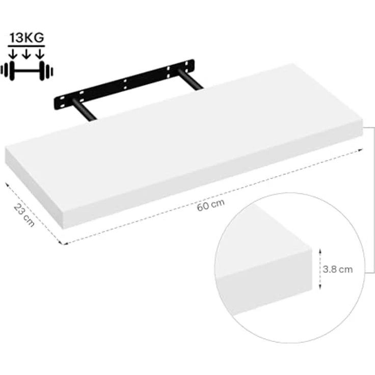 eSituro Wandregal, schwebendes Regal für Wandmontage, Schweberegal Hängeregal Wandbrett im Wohnzimmer Schlafzimmer Küche Badezimmer, weiß modern, MDF, 60 x 3,8 x 22,9 cm – Bild 4
