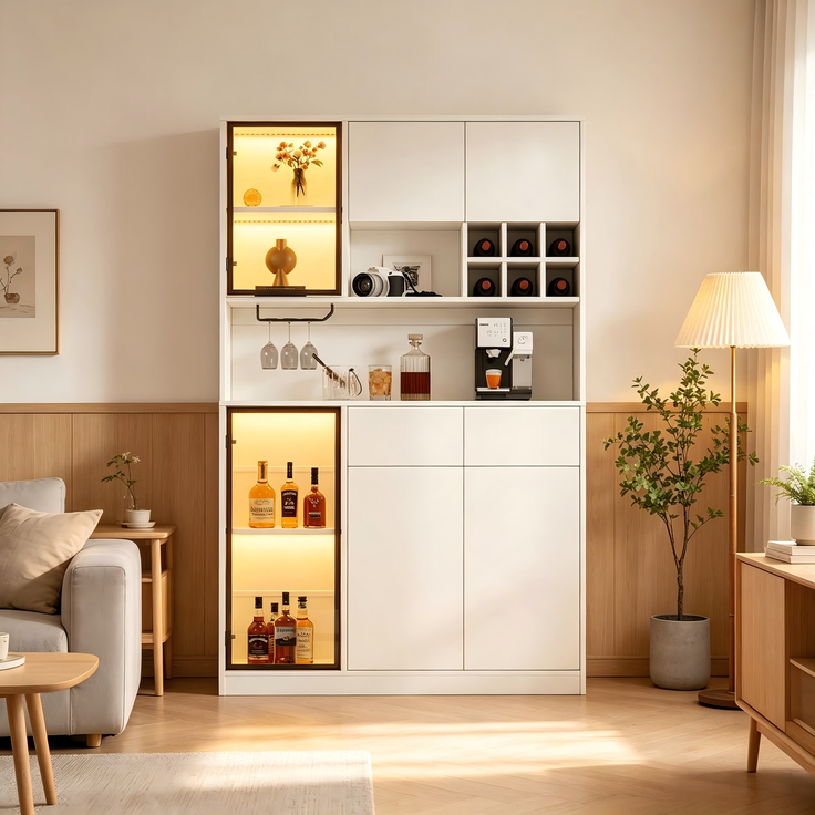 Hochschrank Vitrine 120×33×200cm, Wohnzimmer Schrank mit 6 Türen, 2 Schubladen, LED‑Beleuchtung, offenen Fächern, Hartfaserplatte & gehärtetem Glas, Weinschrank für Wohn‑ und Esszimmer--Weiß--120x33x200cm--YOUDENOVA – Bild 6