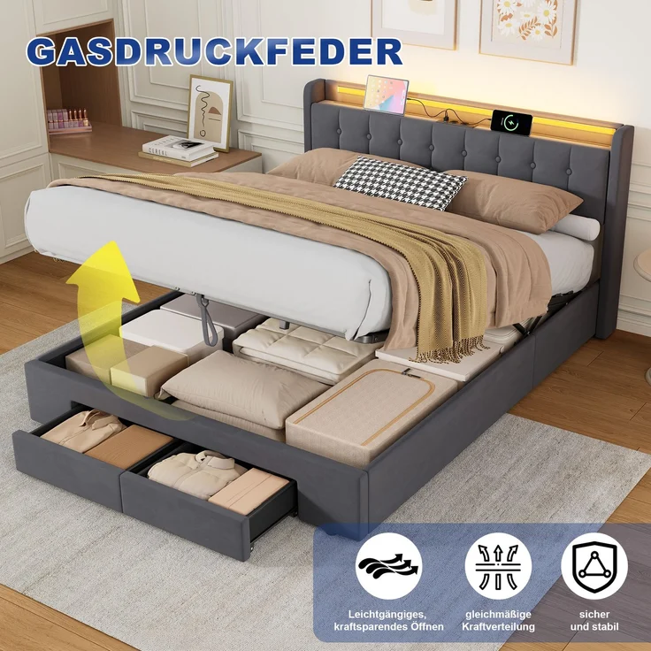Polsterbett 160 x 200 cm, Samt, mit Bettkasten, Schubladen, USB-Anschluss und LED-Beleuchtung, Dunkelgrau – Bild 10
