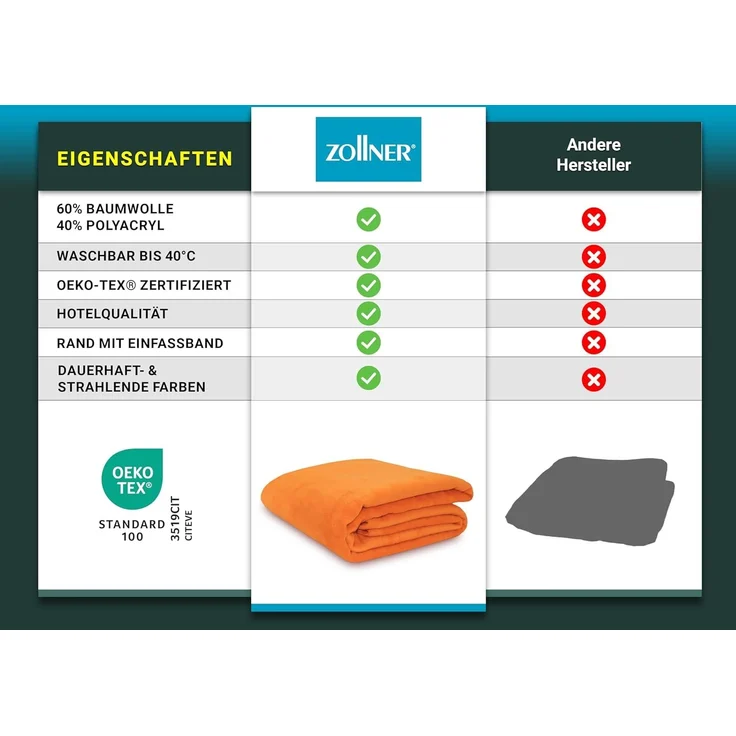 ZOLLNER Kuscheldecke mit Einfassband, 220x240 cm, orange – Bild 5