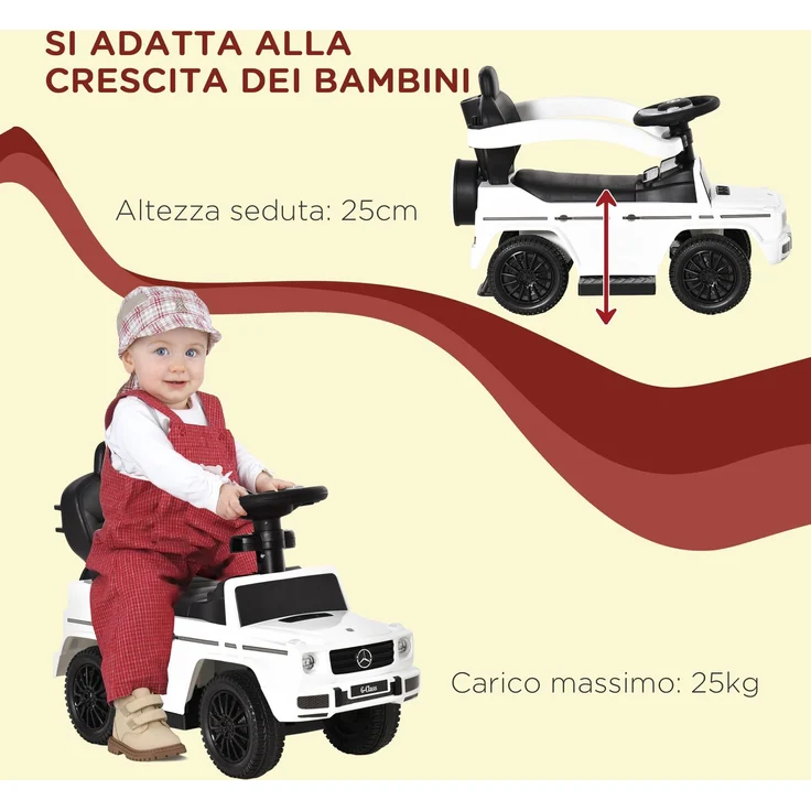 Schiebewagen für Kinder von 12 bis 36 Monaten mit Mercedes-Lizenz, Verdeck und Schiebegriff, 85,5 x 40,5 x 95 cm, Weiß – Bild 9