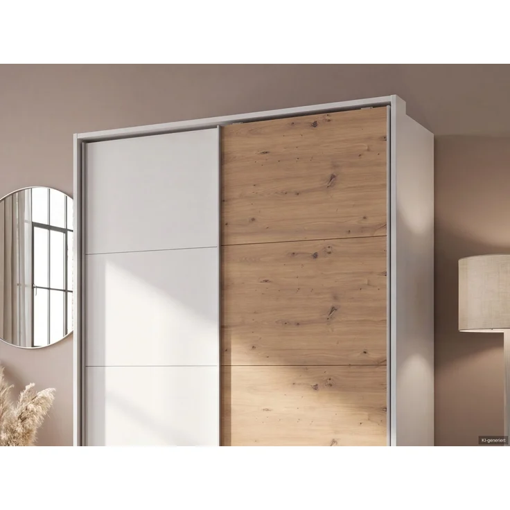 Schwebetürenschrank Kleiderschrank 138cm Weiß Passepartout Eiche Artisan Dekor – Bild 5