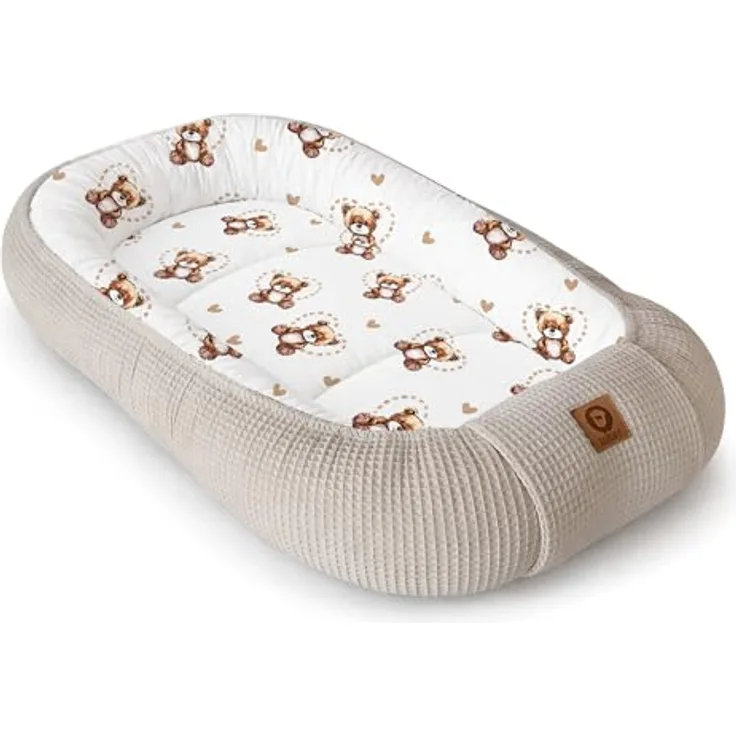 Babynestchen Neugeborene – Nestchen Baby aus Waffel Baumwolle & Baumwollstoff – Babynest für Babybett & Kinderbett – Baby Kokon Tragbar – OEKO-TEX zertifiziert – Zubehör für Babybett - Bärchen + Sand
