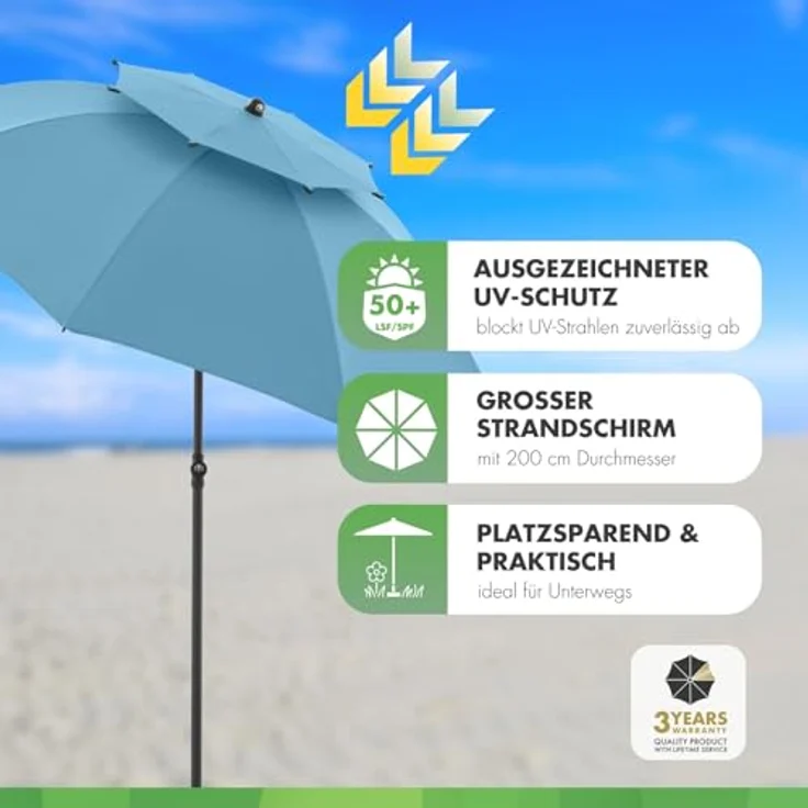 Doppler Strandschirm Windprofi Neo 200, robuster Sonnenschirm mit Lichtschutzfaktor 50+, blau – Bild 3