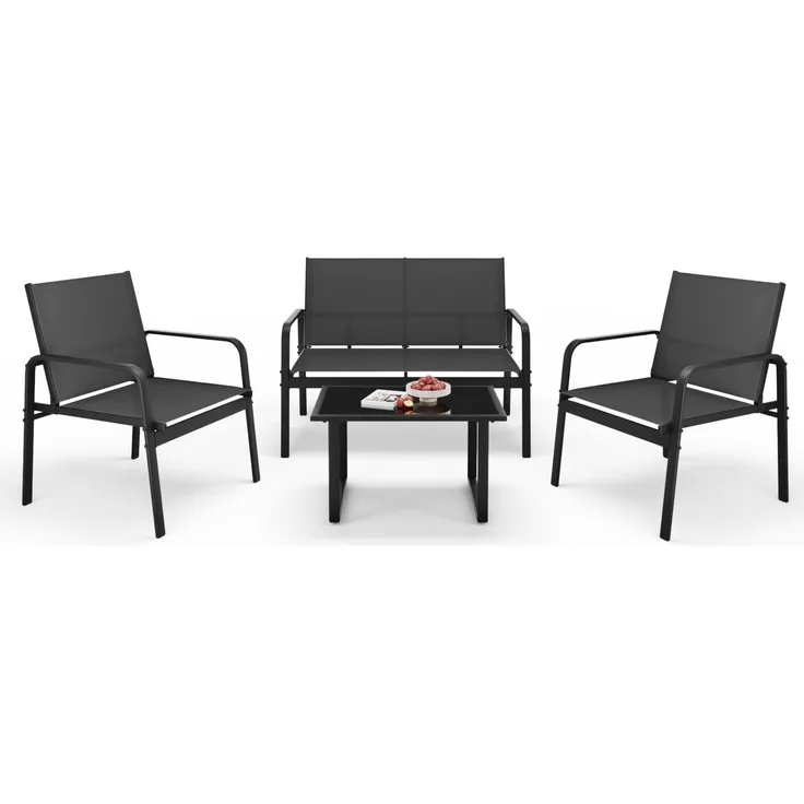 Mondeer Gartenmöbel Set, Balkon Möbel Set 4-TLG mit Armlehnen, Terrassenmöbel mit Tisch Sofa und 2 Stühlen, Textilene, für Garten Balkon Außen, Schwarz