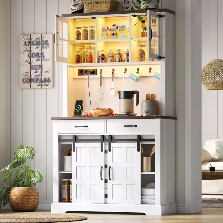 Küchenschrank, Buffetschrank, Sideboard mit Steckdose und LED-Beleuchtung, Küchenmöbel mit Arbeitsplatte, 6 Schubladen, verstellbare Einlegeböden, Haken, 180 × 108 × 40 cm, Weiß – Bild 2