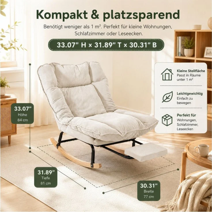 BlingBin Schaukelstuhl mit Fußstütze, verstellbar Rückenlehne, Schaukelsessel, Relaxsessel (Lesesessel, 1 St), Relaxstuhl, Gepolsterter sessel, Cord, bis 120 kg – Bild 2