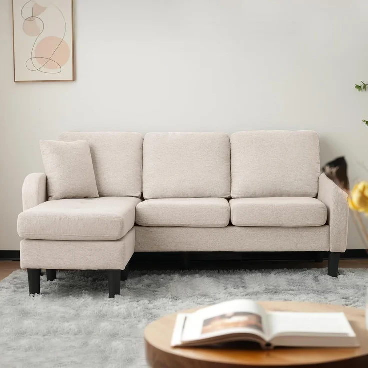 Ecksofa L Form 3 Sitzer Leinenstoff Kunststoffbeine Beige – Bild 3