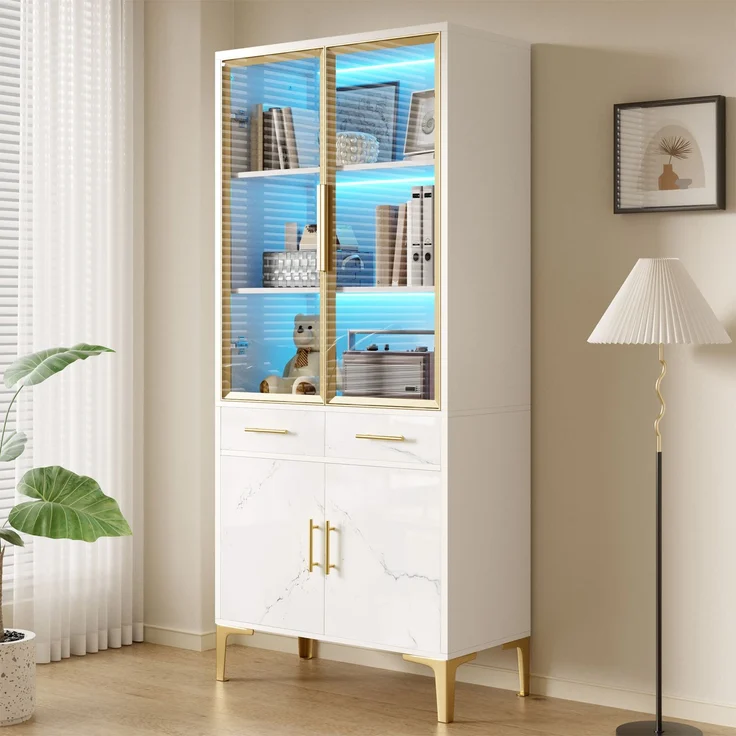 ZUBALIYA Vitrine, mit Schubladen, mit Stauraum, mit LED-Beleuchtung, mit App-Steuerung, H 170 × T 38 × B 75 cm, Weiß, MDF / Spanplatte – Bild 10
