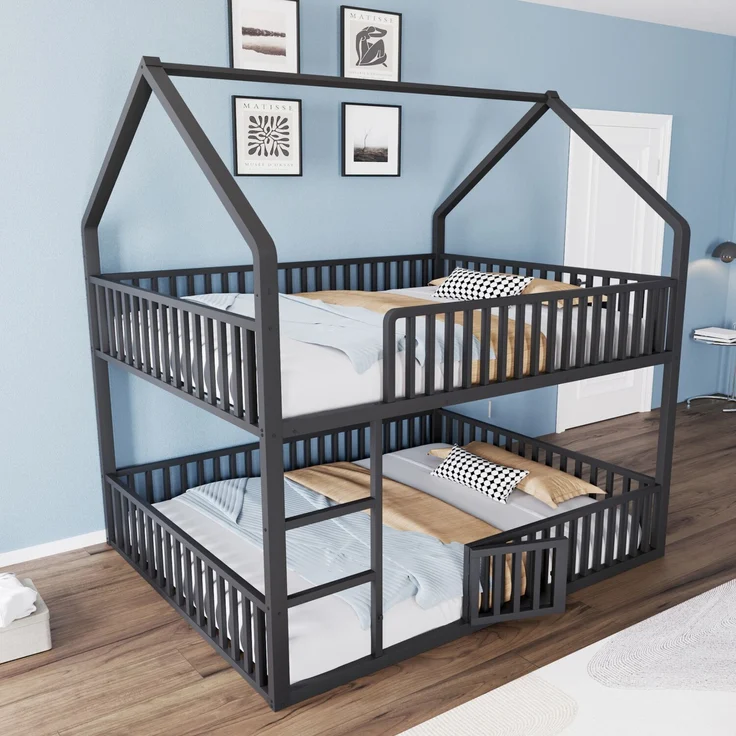 Bett 140x200 cm in Hausform aus Metall mit Tür und Sicherheitsgeländern – kindgerechtes Etagenbett – Bild 3
