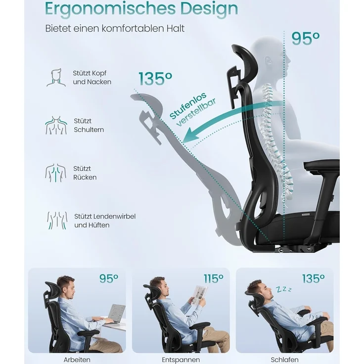 SONGMICS Bürostuhl ergonomisch, Schreibtischstuhl, Computerstuhl, verstellbare Lenden- und Kopfstütze, bis 150 kg belastbar, höhenverstellbar, tintenschwarz OBN066BH01 – Bild 4