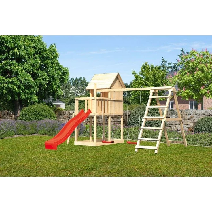 Karibu Kinderspielhaus Frieda Set Aktion2 naturbelassen mit Anbau, Doppelschaukel, Klettergerüst und Rutsche rot – Bild 15