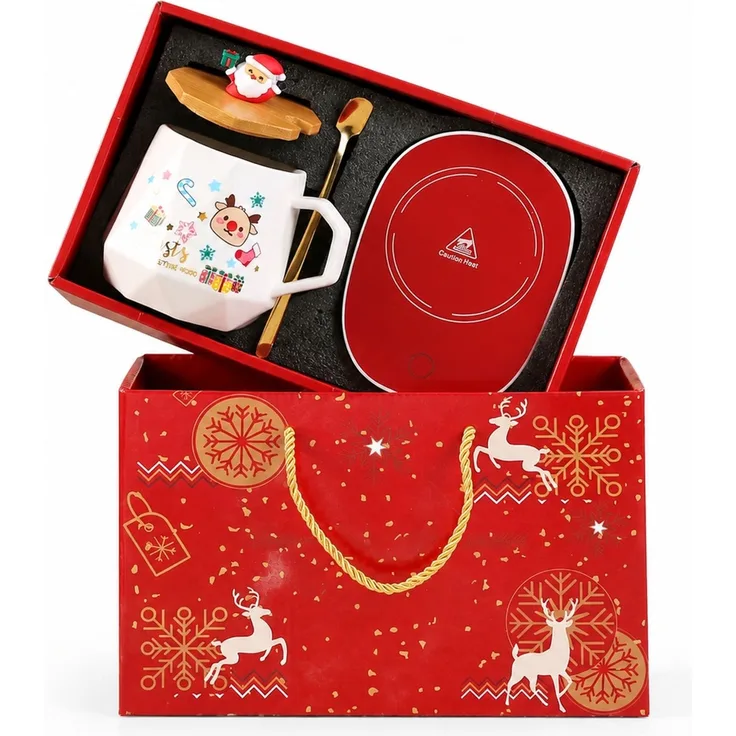 Keramik Kaffeebecher Geschenkset mit Weihnachtsmann Motiv Weihnachtstasse Rot 28 x 16 x 23 cm