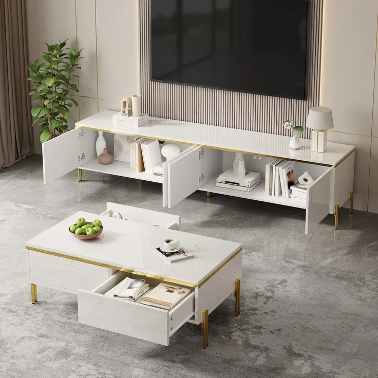 EINHOM Modernes Luxus-TV-Schrank- und Couchtisch-Set, Hochglänzende Oberfläche in Unifarbe, Goldene Kanten, Großzügiger Stauraum – Bild 7